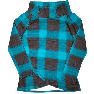 Lily by Firmiana long sleeve teal/blue & black plaid wrap shirt fold down collar